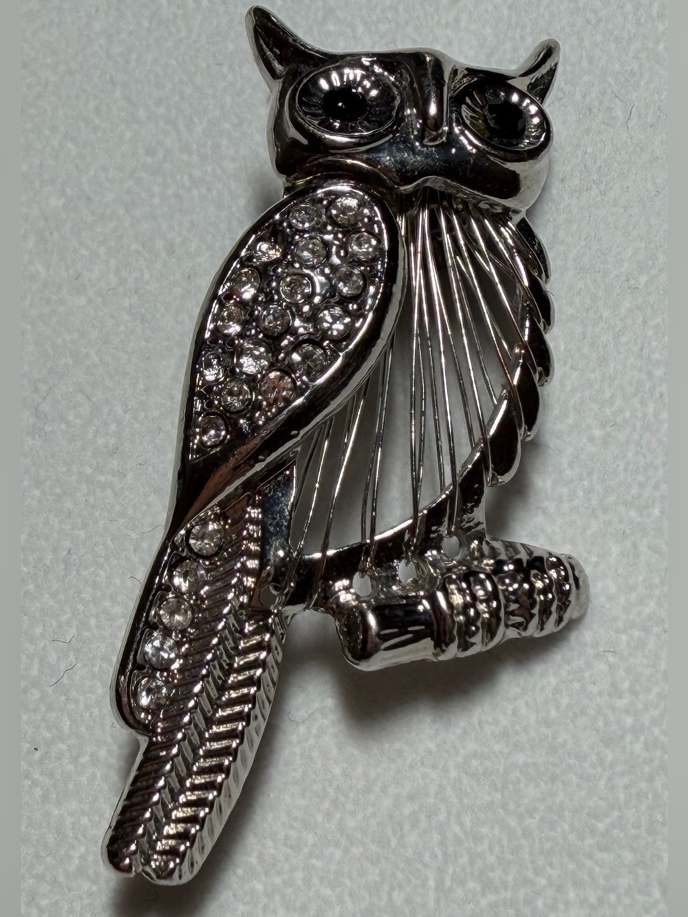Vintage Silver-Tone Rhinestone Owl on Branch Statement Brooch